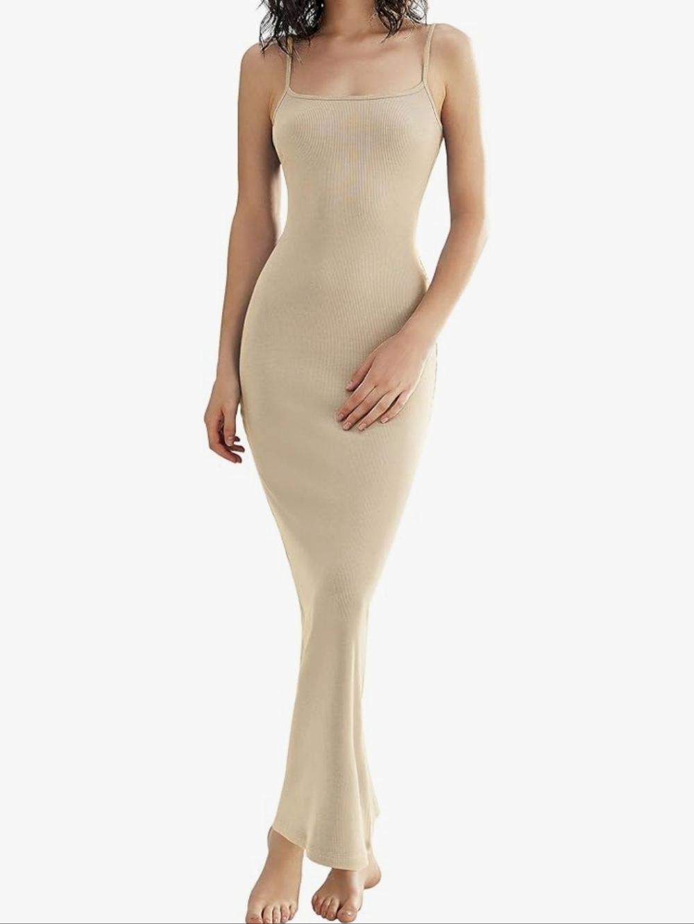 Sleek Ribbed Maxi Slip Dress in Beige Summer Beach Vacation Size XS